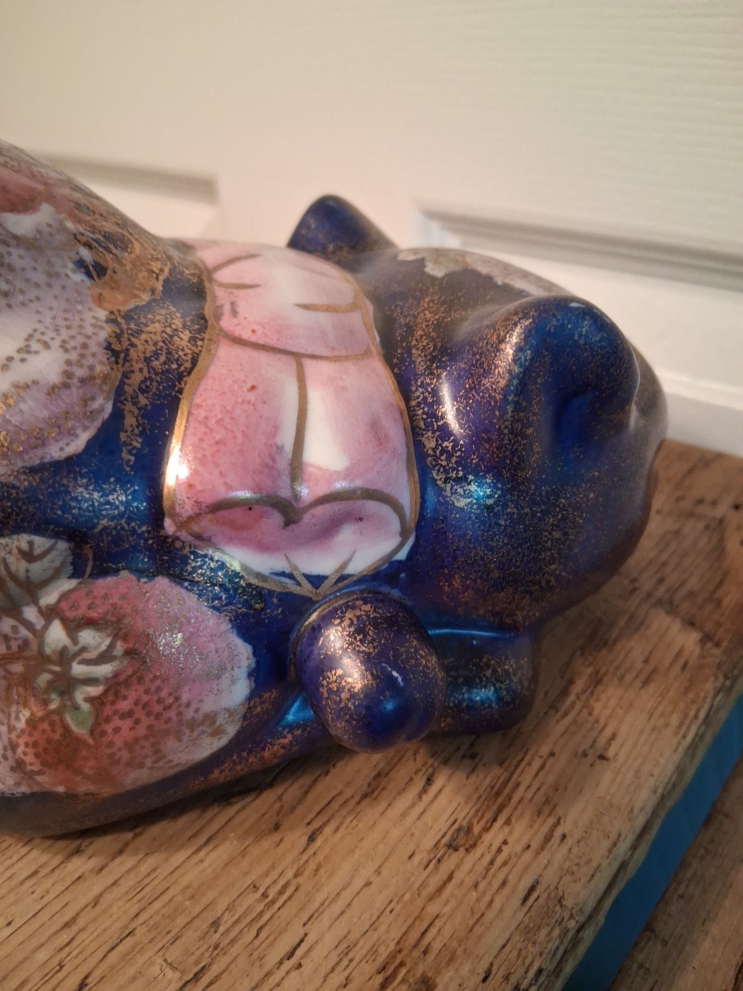 Vintage Asian Sleeping Cat 9.5" Floral Gilded Ceramic Porcelain Hand Painted