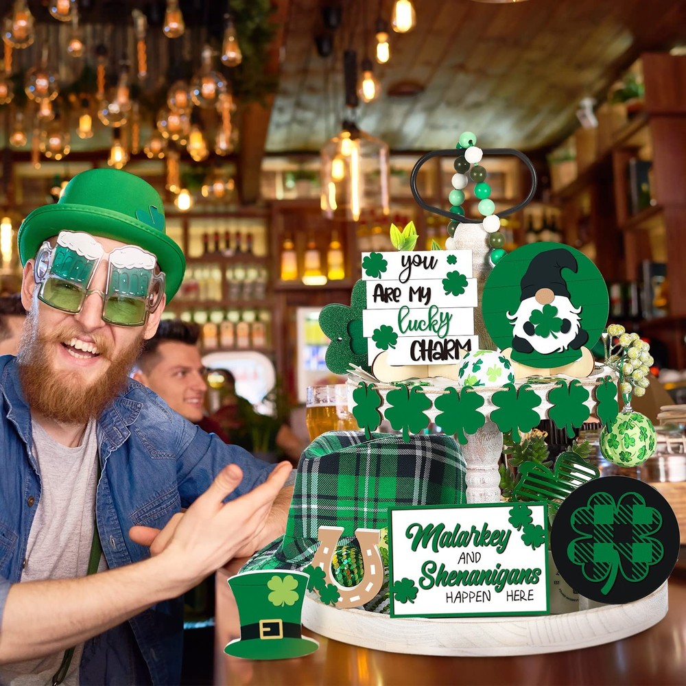 St. Patrick's Day Tiered Tray Decor Set Include Rustic Shamrock Green Style