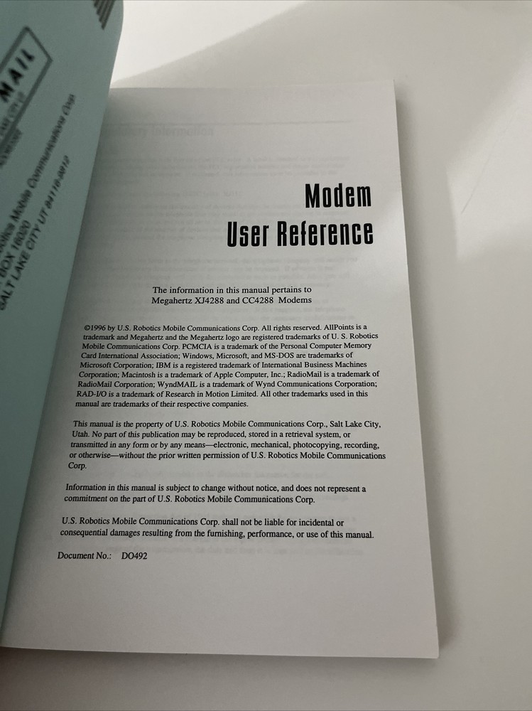 PC Card Modem User Reference Guide, Megahertz US Robotics 1996