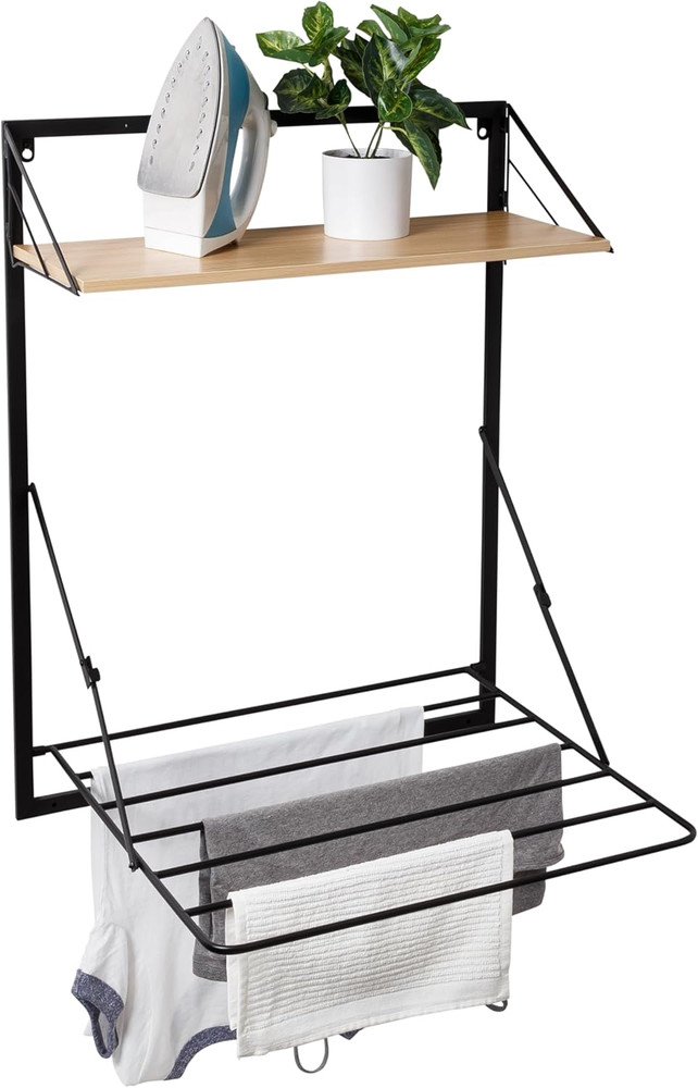 Wall-Mount or Over-The-Door Compact Collapsible Drying Rack with Extra Shelf, Bl
