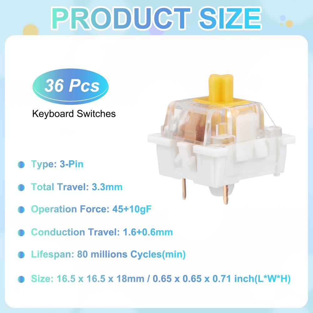 36pcs Yellow Keyboard Switches 3-Pin 45gf Linear Keyboard Switch Replacement