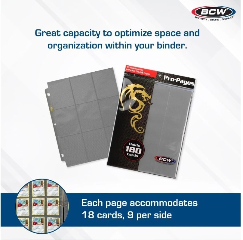 (10) BCW Gaming Side Loading 18-Pocket Pro Pages - Gray