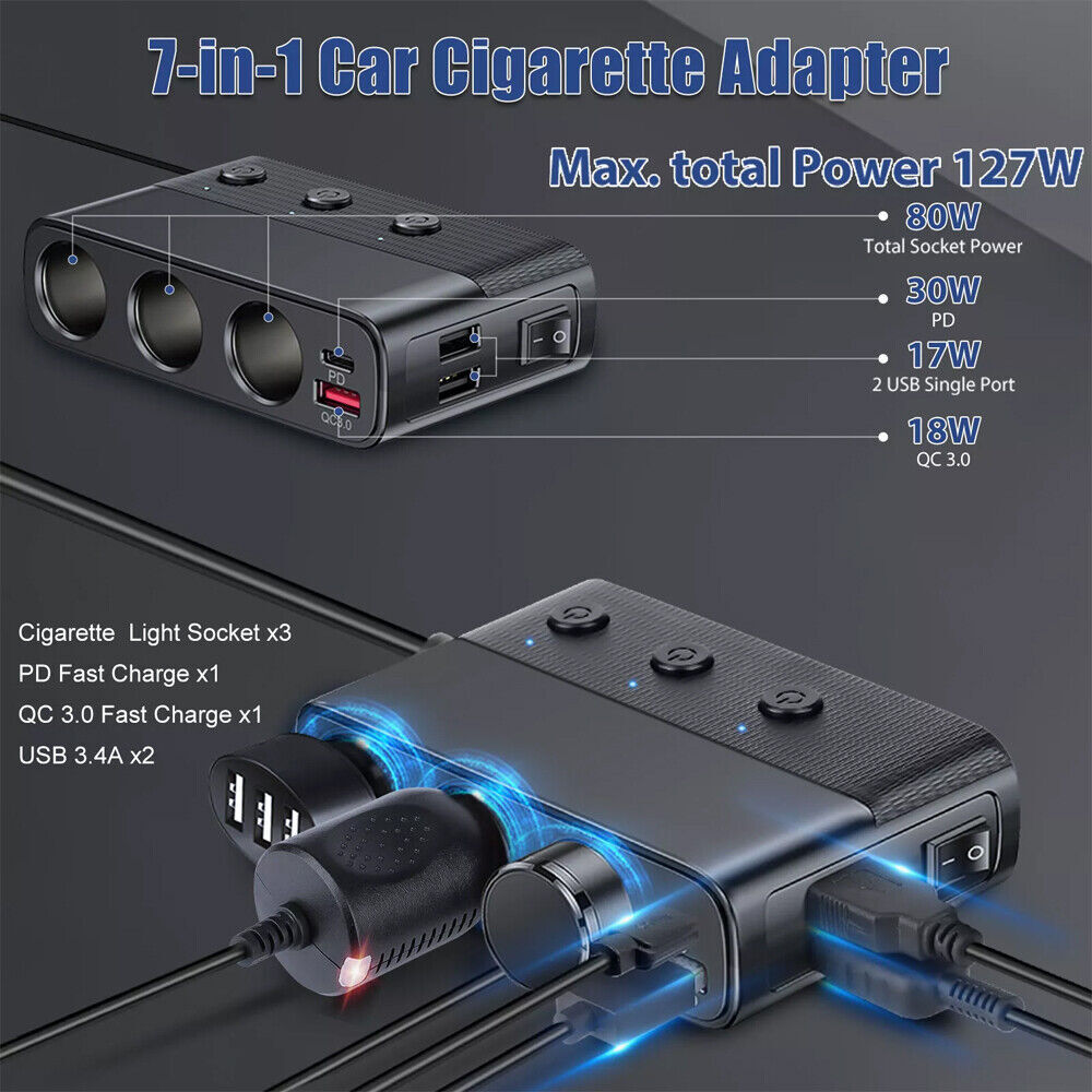 3 Way Car Cigarette Lighter Splitter with USB Fast Charger QC 3.0 & Type-C PD