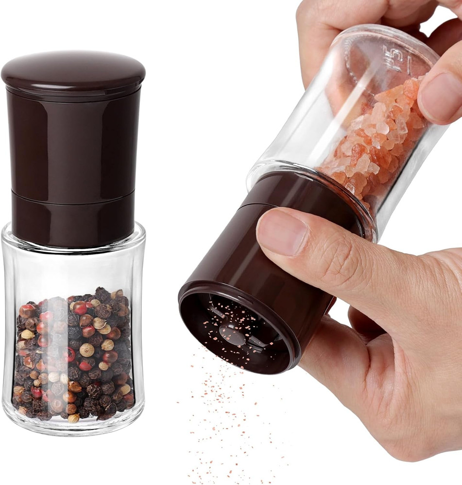 Salt and Pepper Grinder Set Brown, Refillable Small Shakers, Adjustable Coarsene