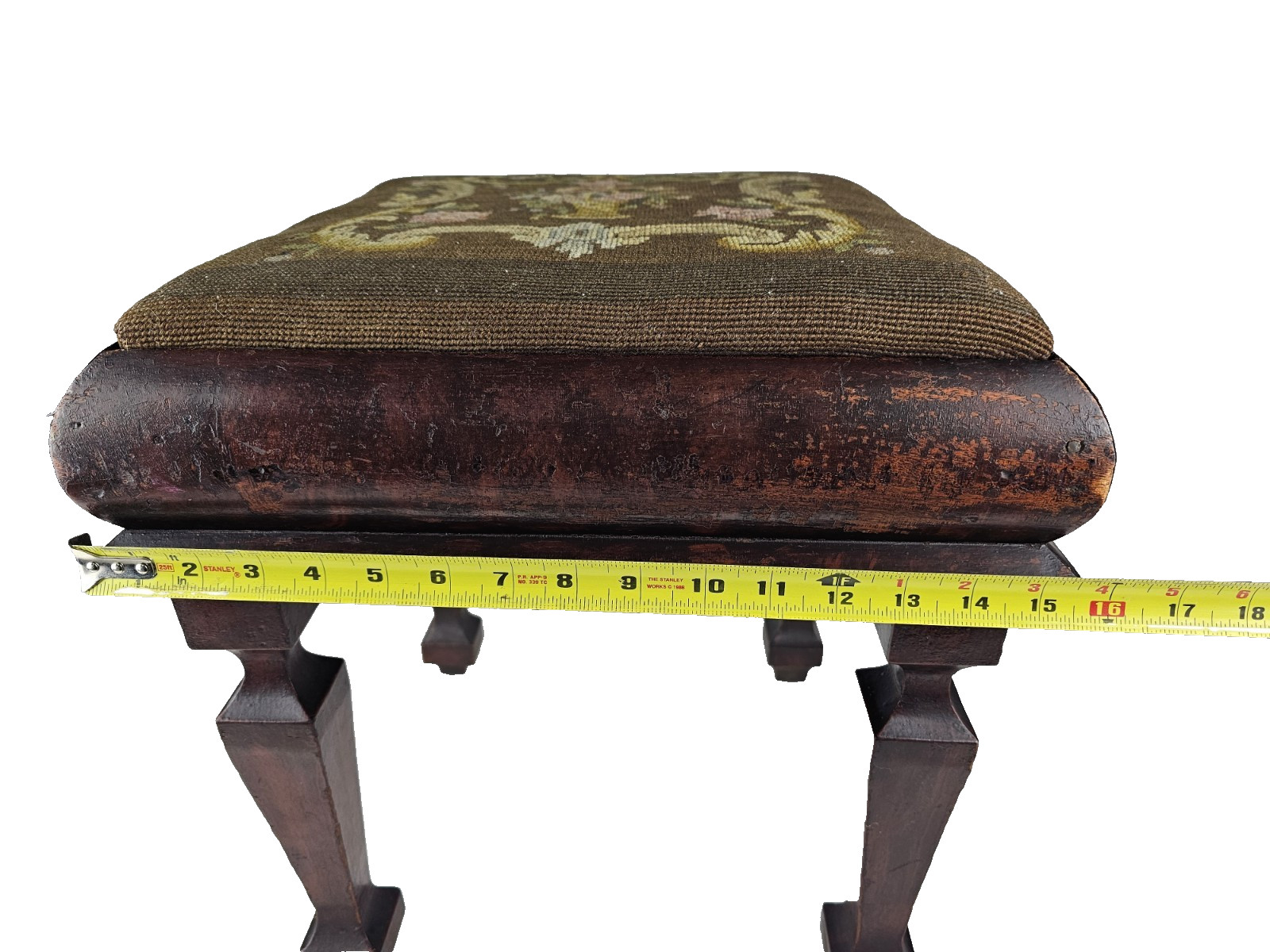 Antique Floral Needlepoint Footstool Victorian Decorative Stool (c. 1890–1915)