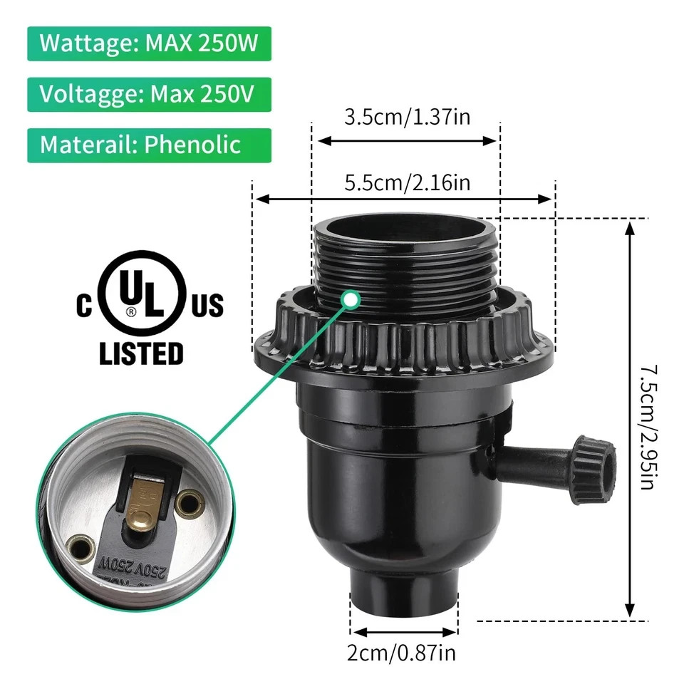 UL Listed E26 Light Socket, Lamp Socket Replacement with ON/Off Switch Medium