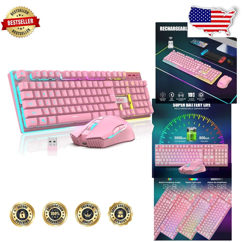 Durable Pink Wireless Gaming Keyboard Mouse Combo Anti-Ghosting