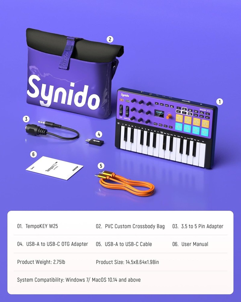 US Synido USB C Rechargeable MIDI Controller Keyboard 25 Keys TempoKEY W25