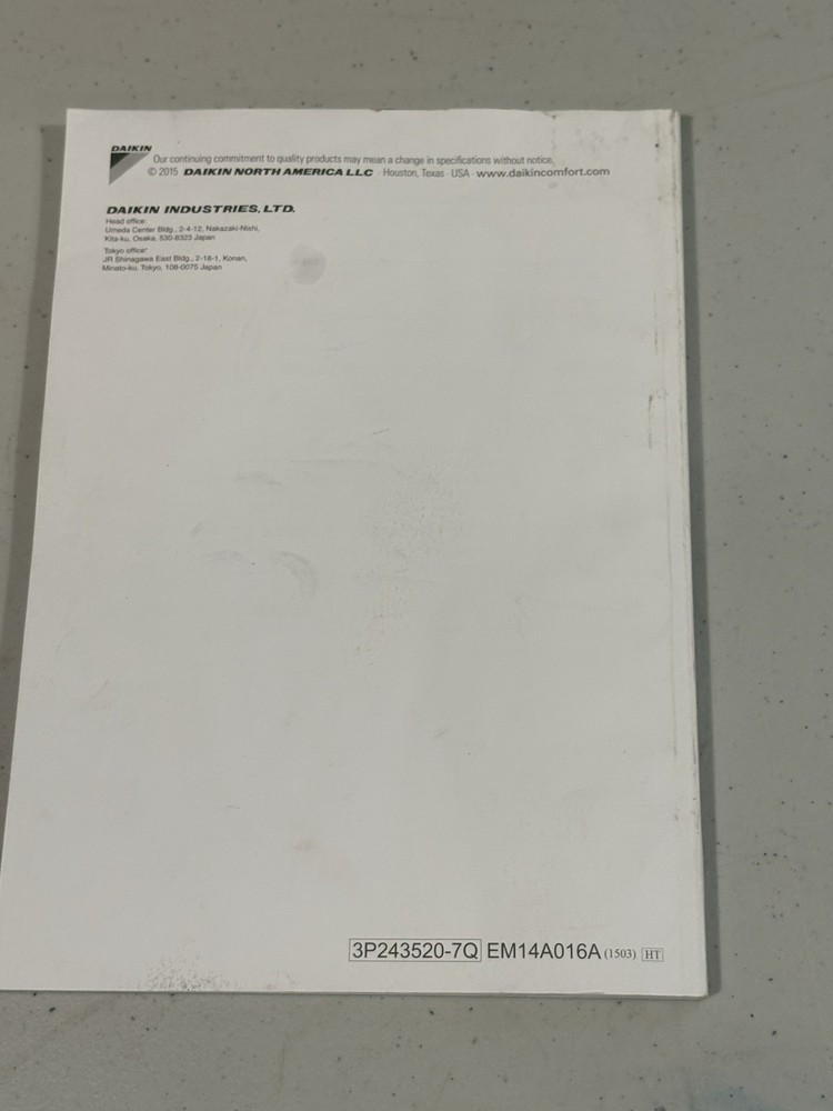 Daikin Industries BRC1E73 Remote Controller Operation Manual ONLY