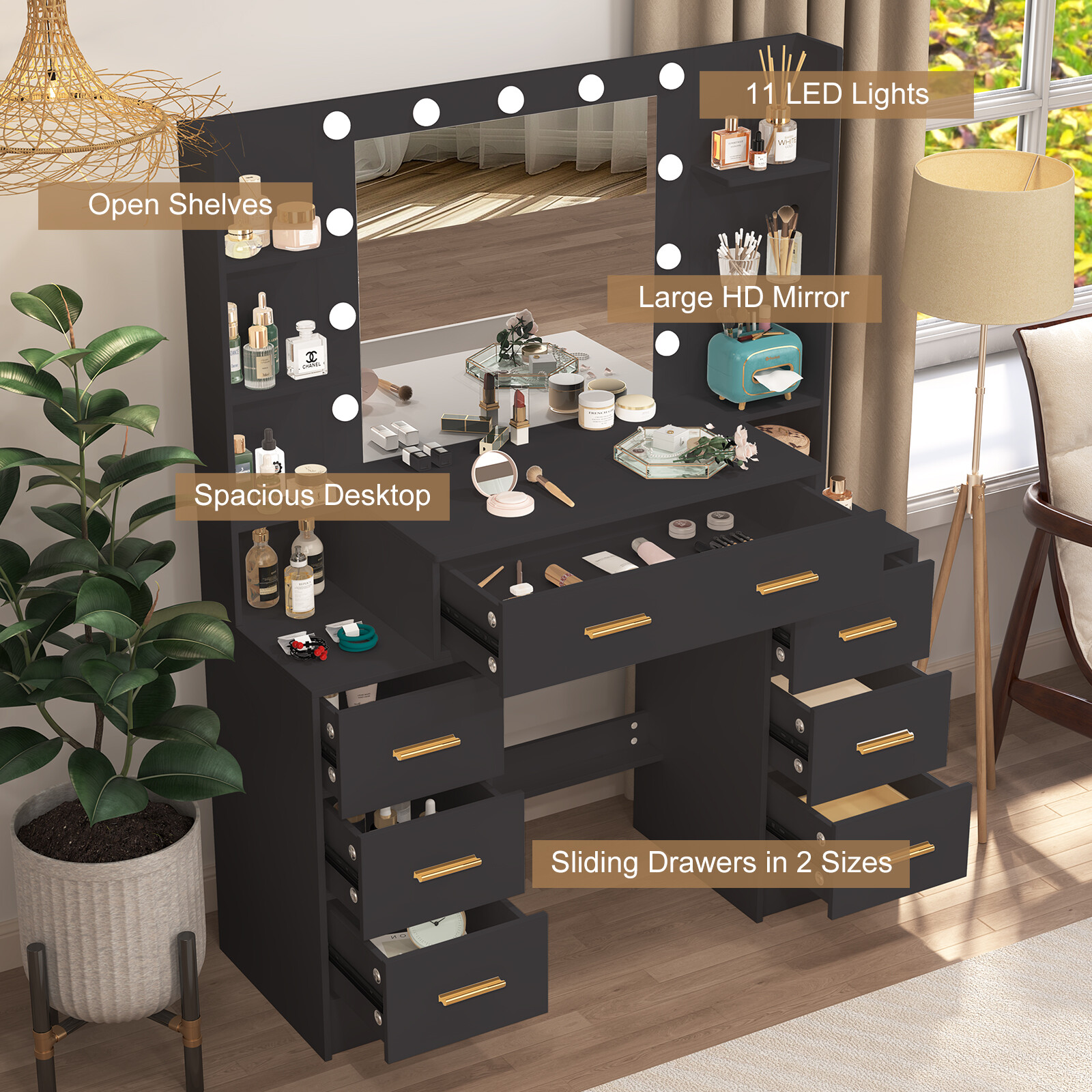 Vanity with Large Mirror and LED Lights Makeup Vanity Desk with 7 Drawers,Black