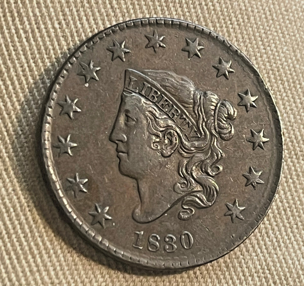 1830 Coronet head cent , Large letters, better date, EF / AU