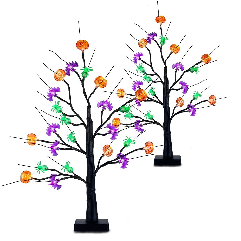 2PACK 2FT Lighted Halloween Tree with Pumpkins Bats Spiders Shaped LED Lights