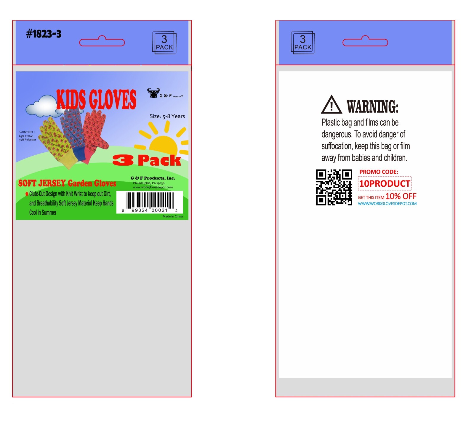 G & F 1823-3 JustForKids Soft Jersey Kids Garden Gloves, 3 Pairs Green/Red/Blue