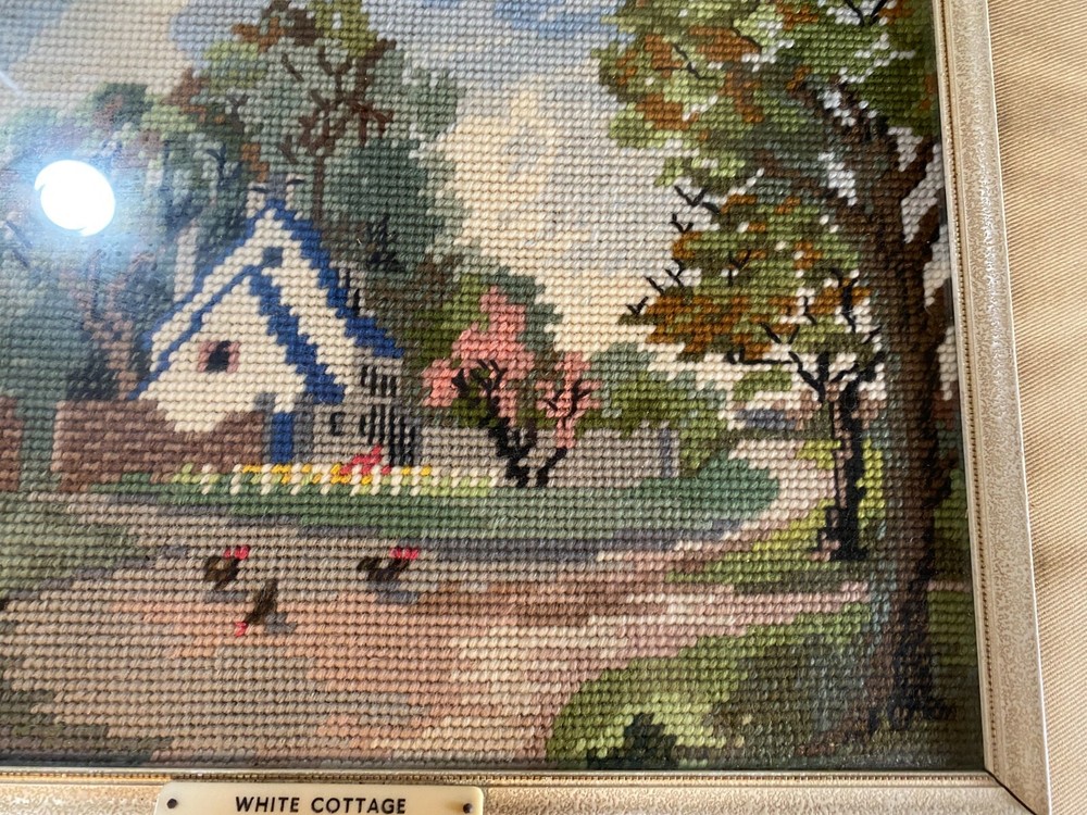 Vintage Needlepoint "White Cottage" - Framed