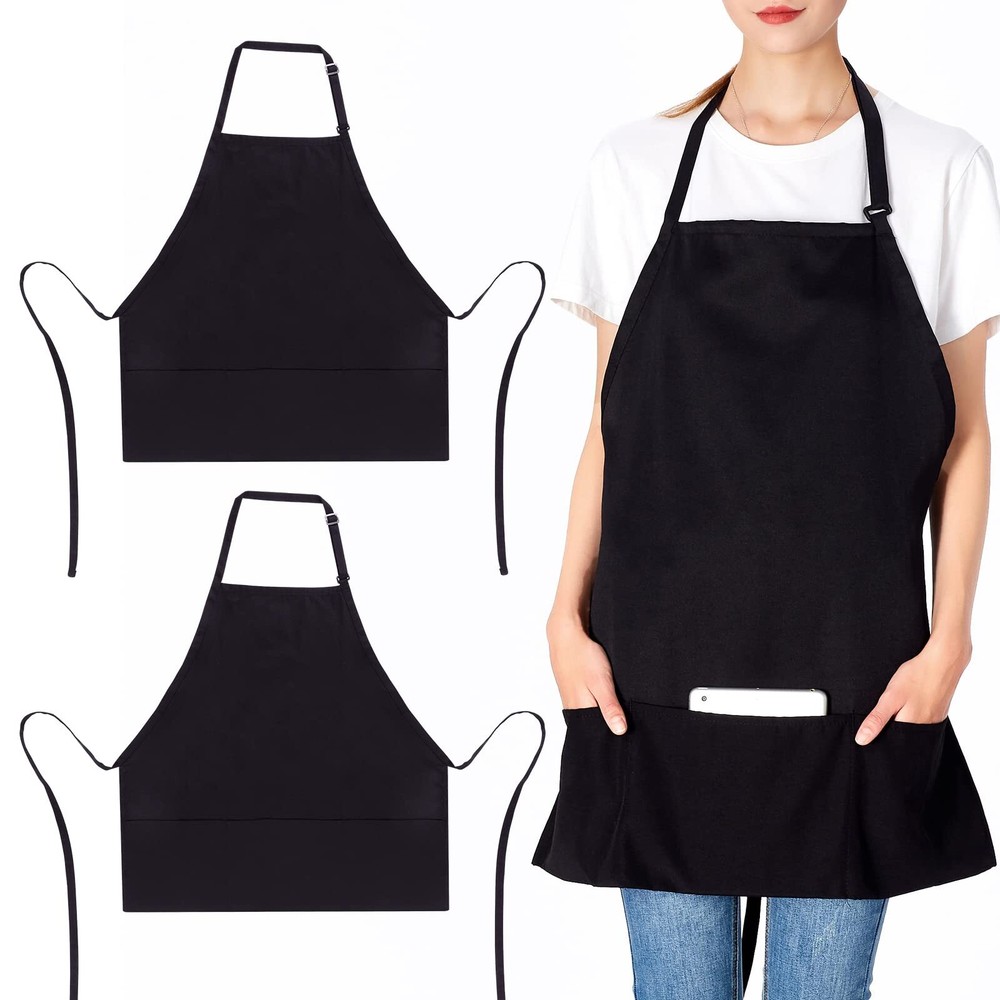 2 Pack Bib Apron 3 Pockets Adjustable Chef Kitchen Cooking Aprons Black