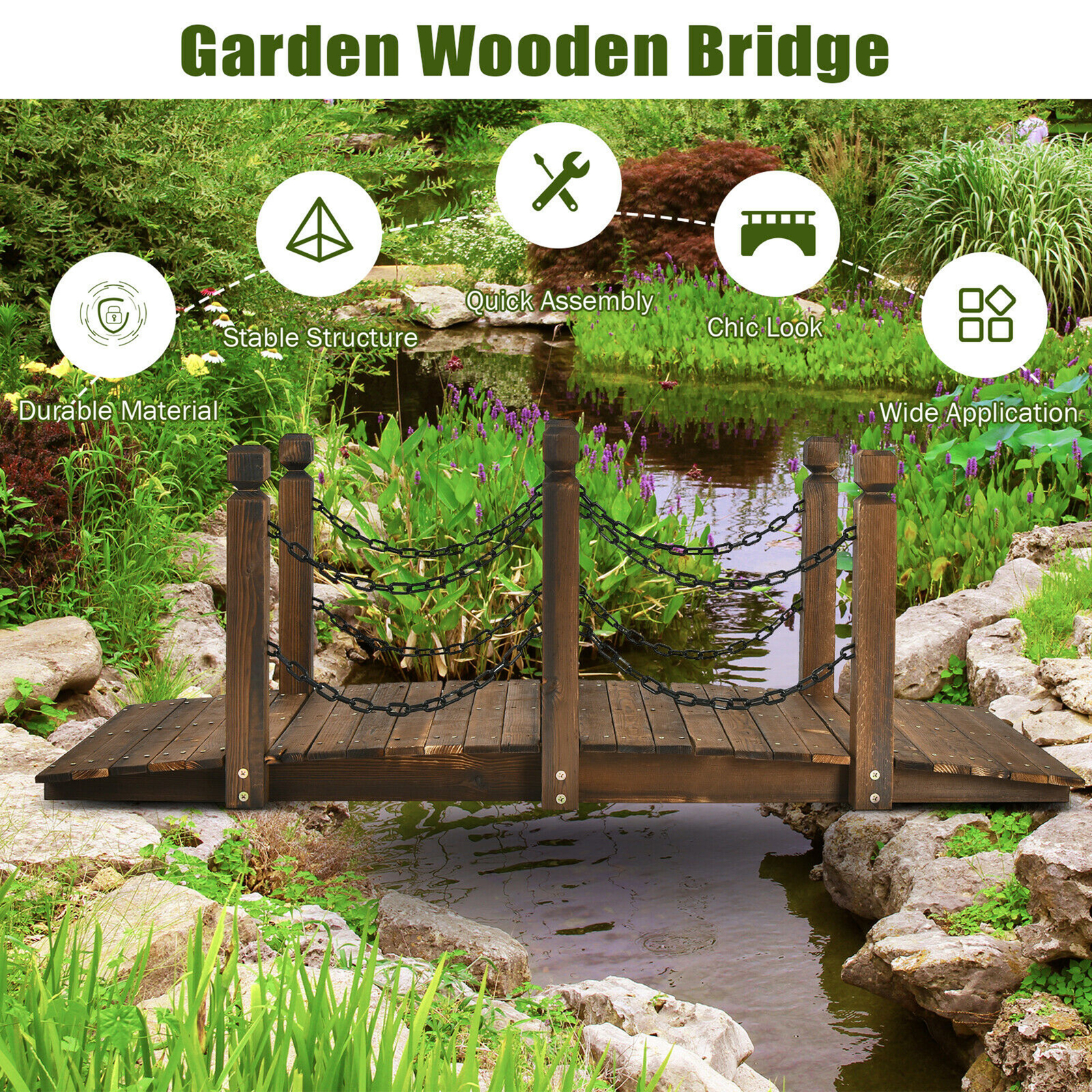 5 ft Wooden Garden Bridge Arc Footbridge Stained Finish Walkway w/Rails