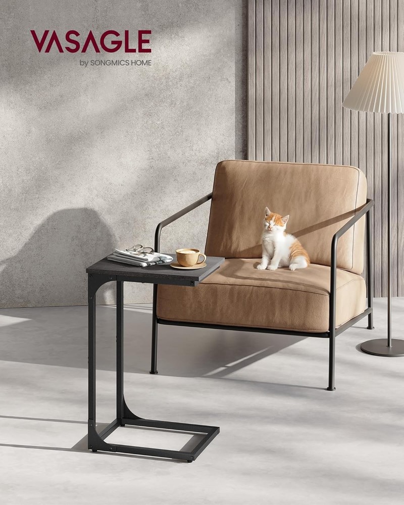 VASAGLE C-Shaped End Table, Small Side Table for Couch, Misty Gray + Black