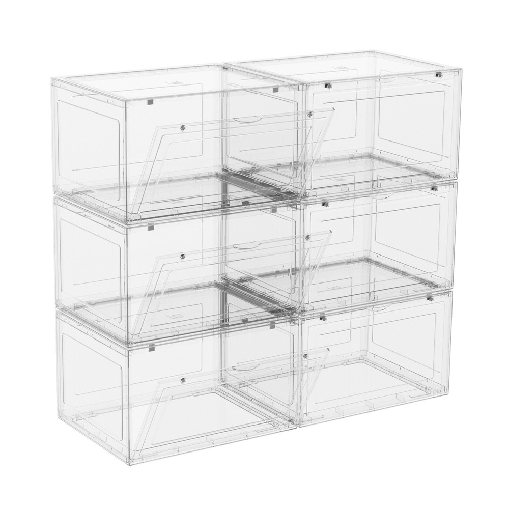 Large 6 Pack Plastic Stackable Shoe Organizer with Magnetic Door, Clear