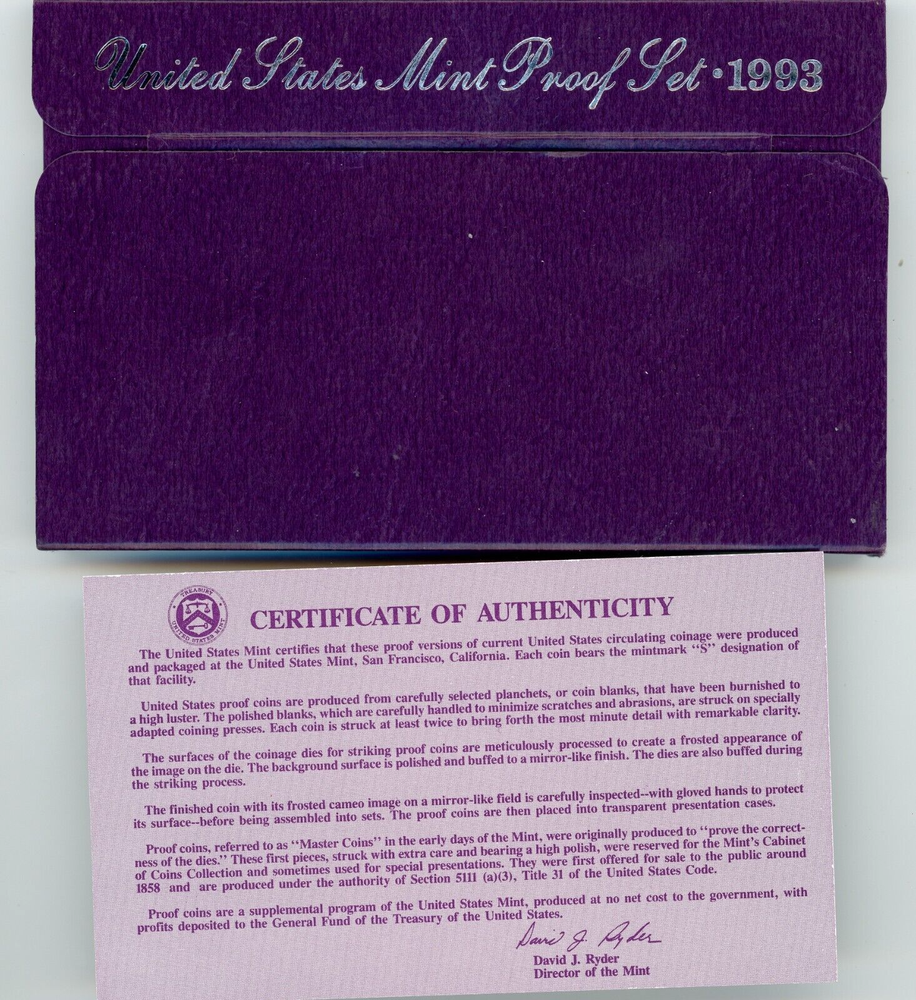 1993 US Proof Set VIRTUALLY SPOT, TONING, and HAZE FREE w/Box & COA