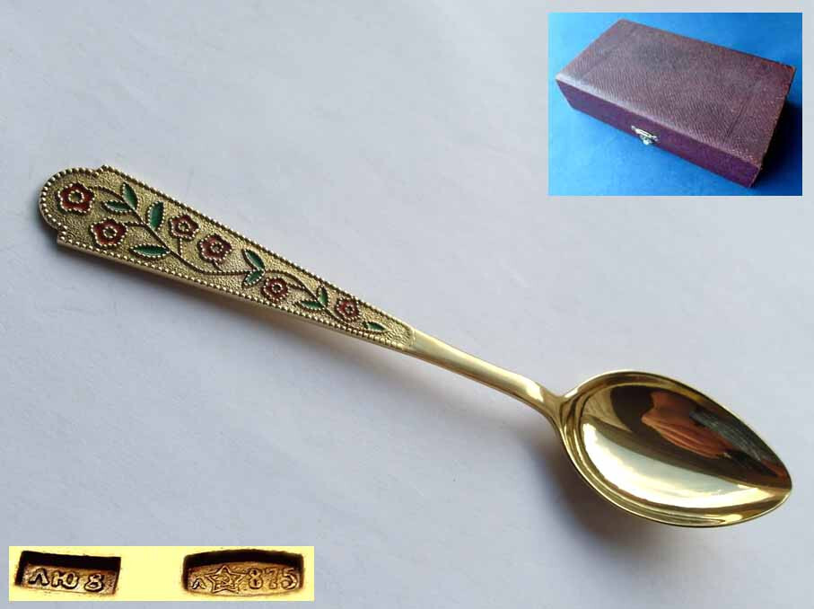 Set, 6 Beautiful Teaspoons/ Spoons, Russia, Enamel, 875 Silver E541