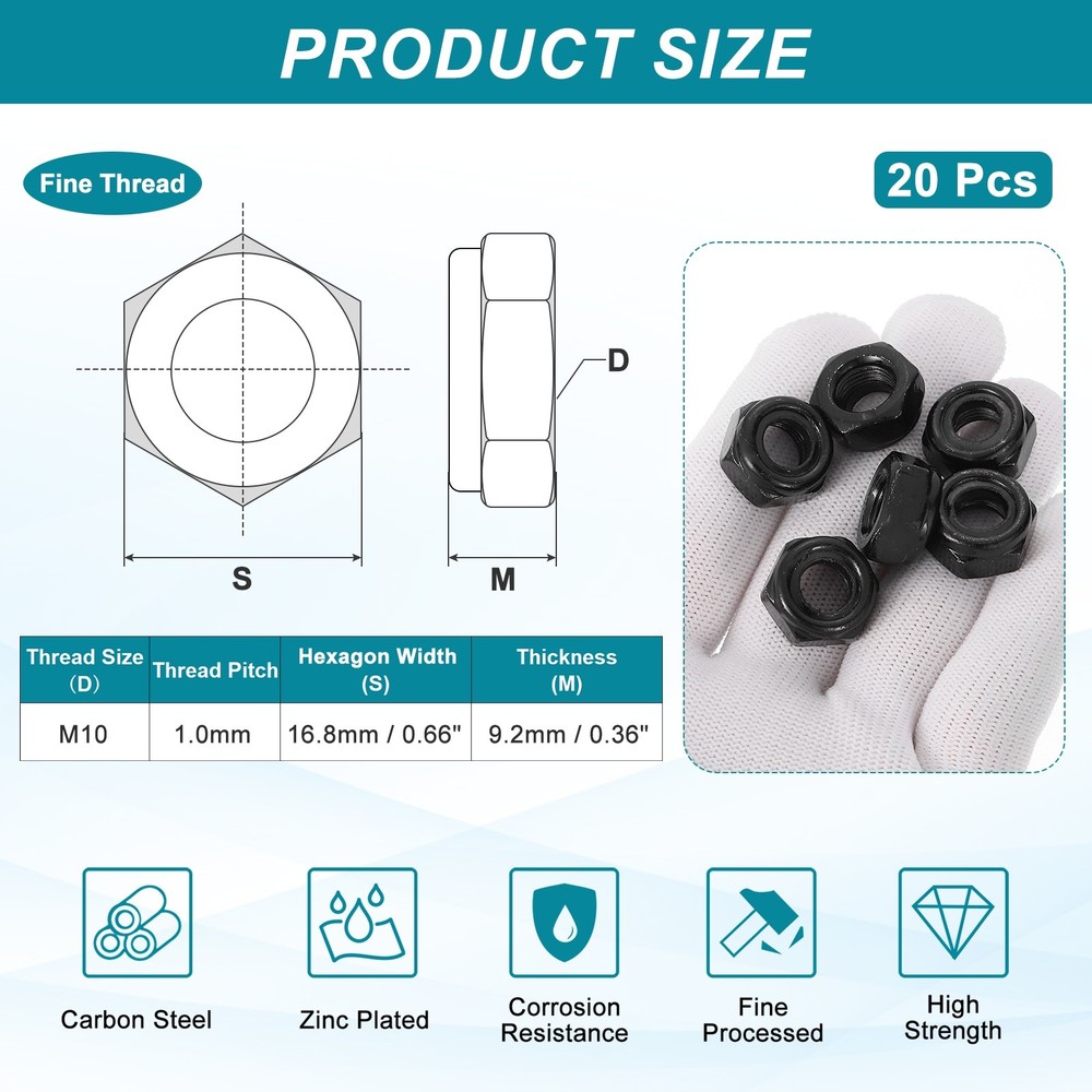 M10x1x9.2mm Nylon Insert Lock Nuts, 20Pcs Hex Nuts Fasteners, Black Zinc