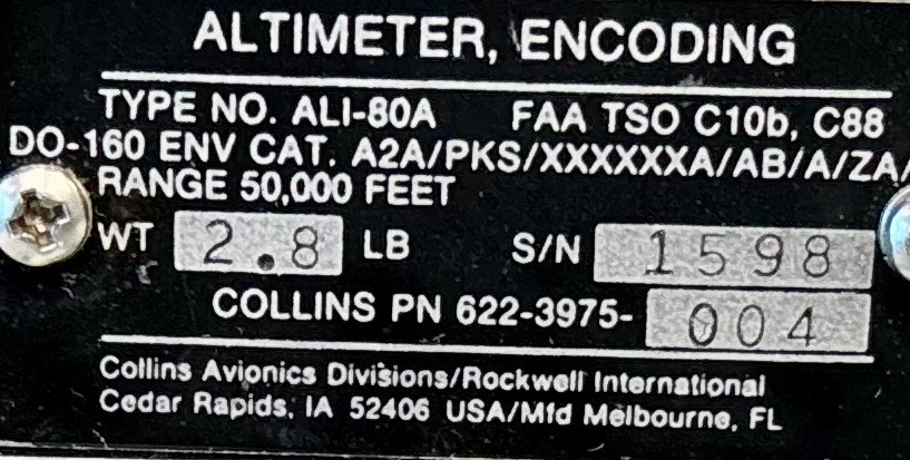 Encoding Altimeter ALI80A 622-3975-004 w/ Yellow Tag