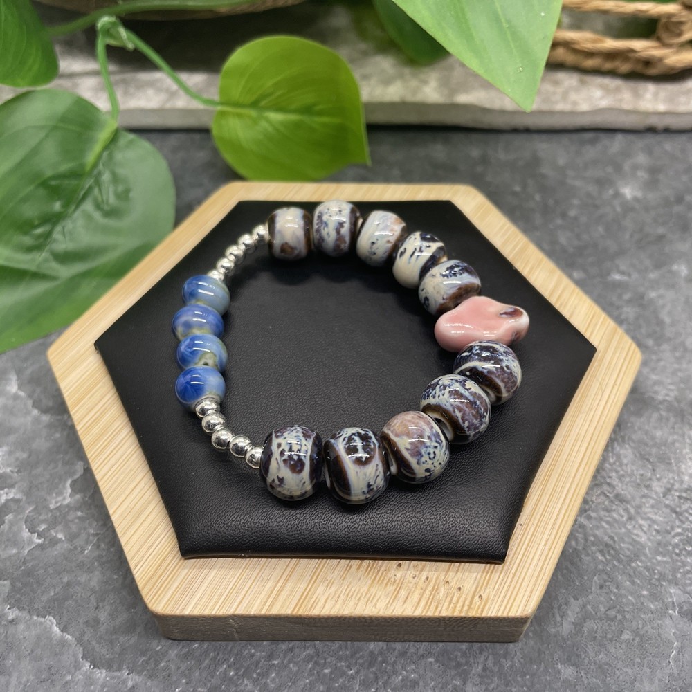 Handmade Ceramic Bead Beaded Stackable 6” Plus Stretch Bracelet New B484