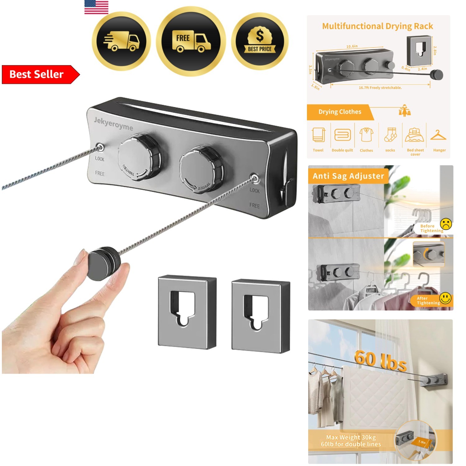 Retractable Clothesline Indoor Outdoor 16.7 Ft Stainless Steel Wall Mounted D...