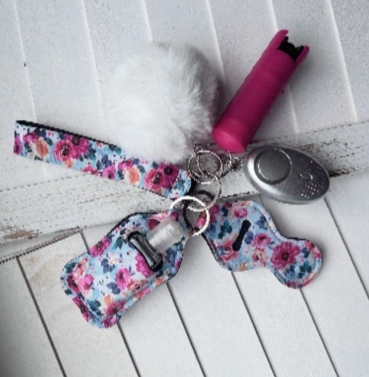 Floral Personal Security Keychain Set with Pepper Spray, Alarm, Pom Pom