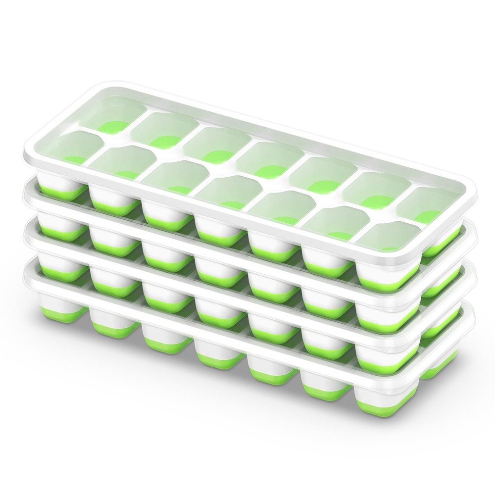 ChefAide Ice Cube Tray with Lid, 4 Packs 56 Cubes 4 Pack, Green