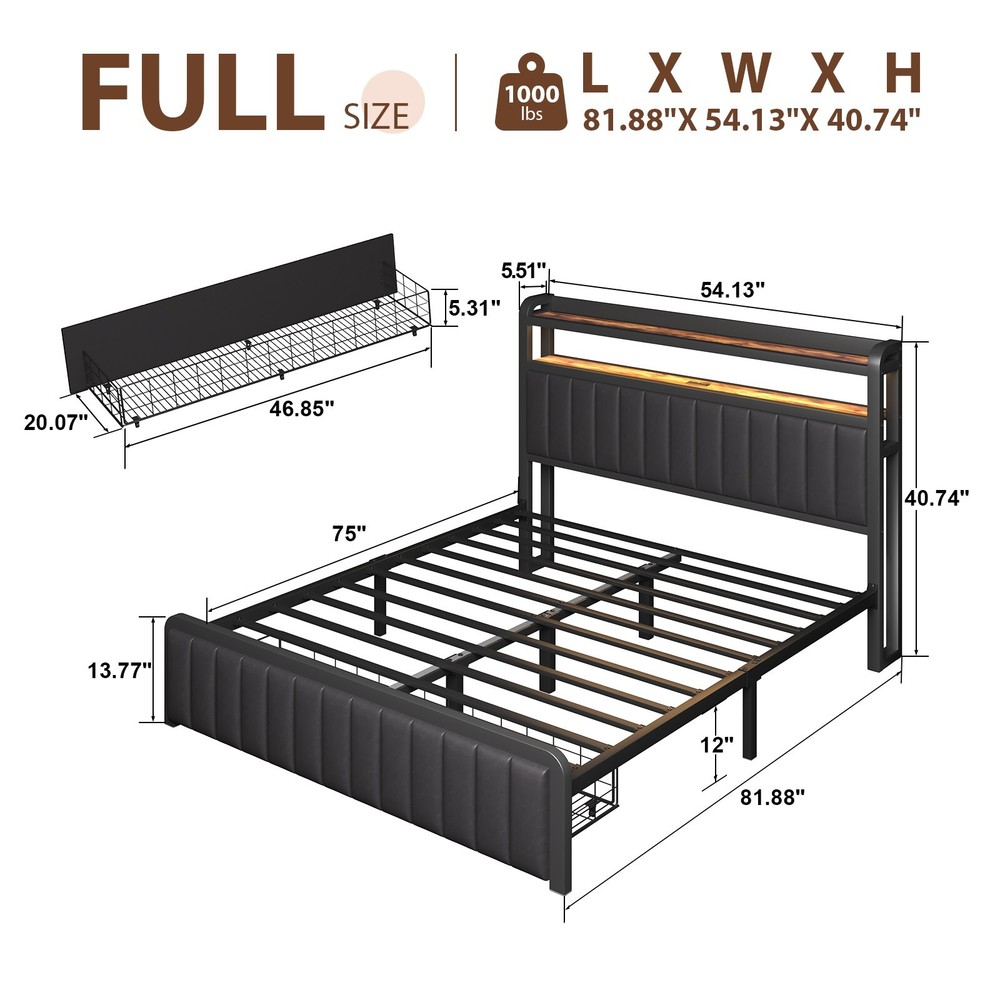 Full/Queen Size Bed Frame with 2-Tier Storage Headboard and Storage Drawers
