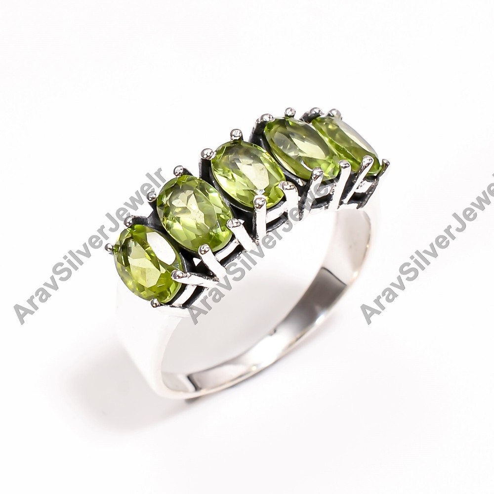 Five Green Peridot Cut Stone Ring 925 Sterling Silver Handmade Statement Ring