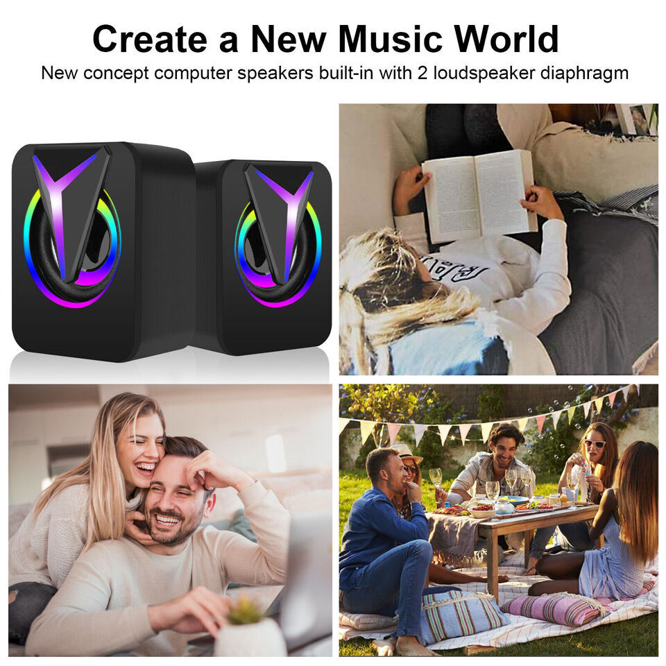 RGB LED Active Mini Computer Speakers USB Powered Stereo for PC Laptop Mac