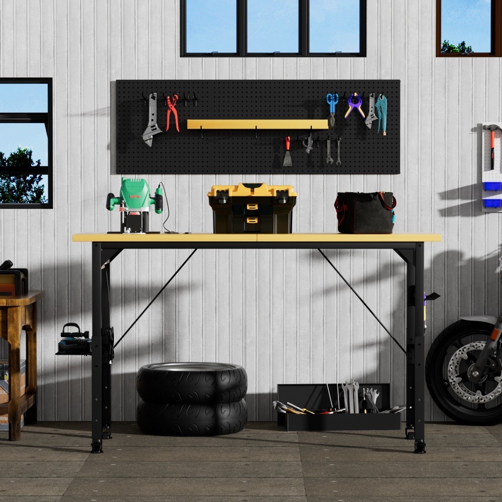 71'' Heavy Duty Adjustable Workbench w/ Wheels, Pegboard, AC/USB Outlet & Shelf