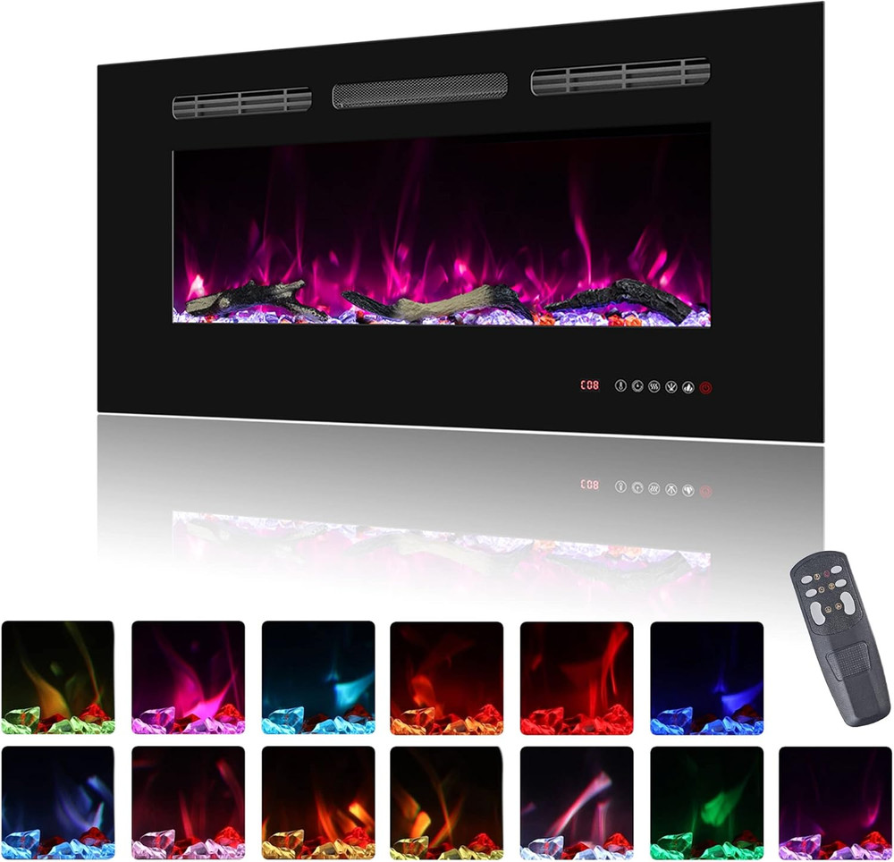 36" Electric Fireplace - Wall Mounted, 13 Flame Colors, Adjustable Temp & Timer