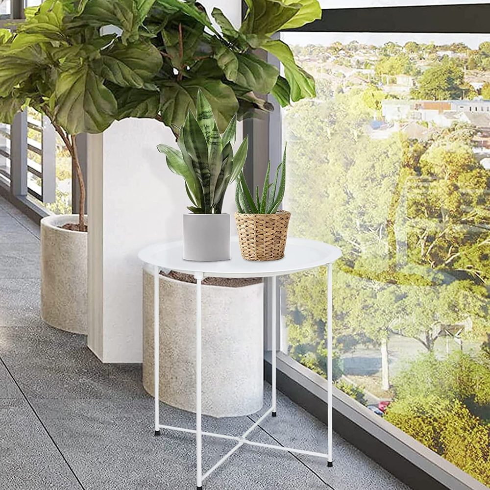 Folding Tray Metal Side Table White round End Table Cyan Sofa Small Accent Fold-
