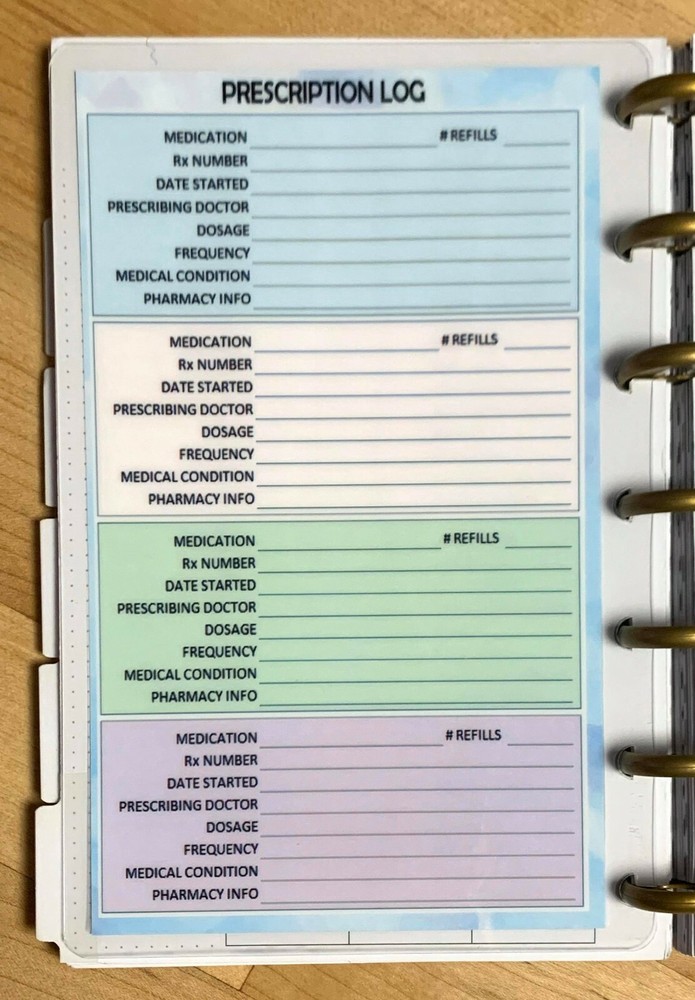 Prescription Medication Rx Log Dashboard Insert for use with MINI Happy Planner