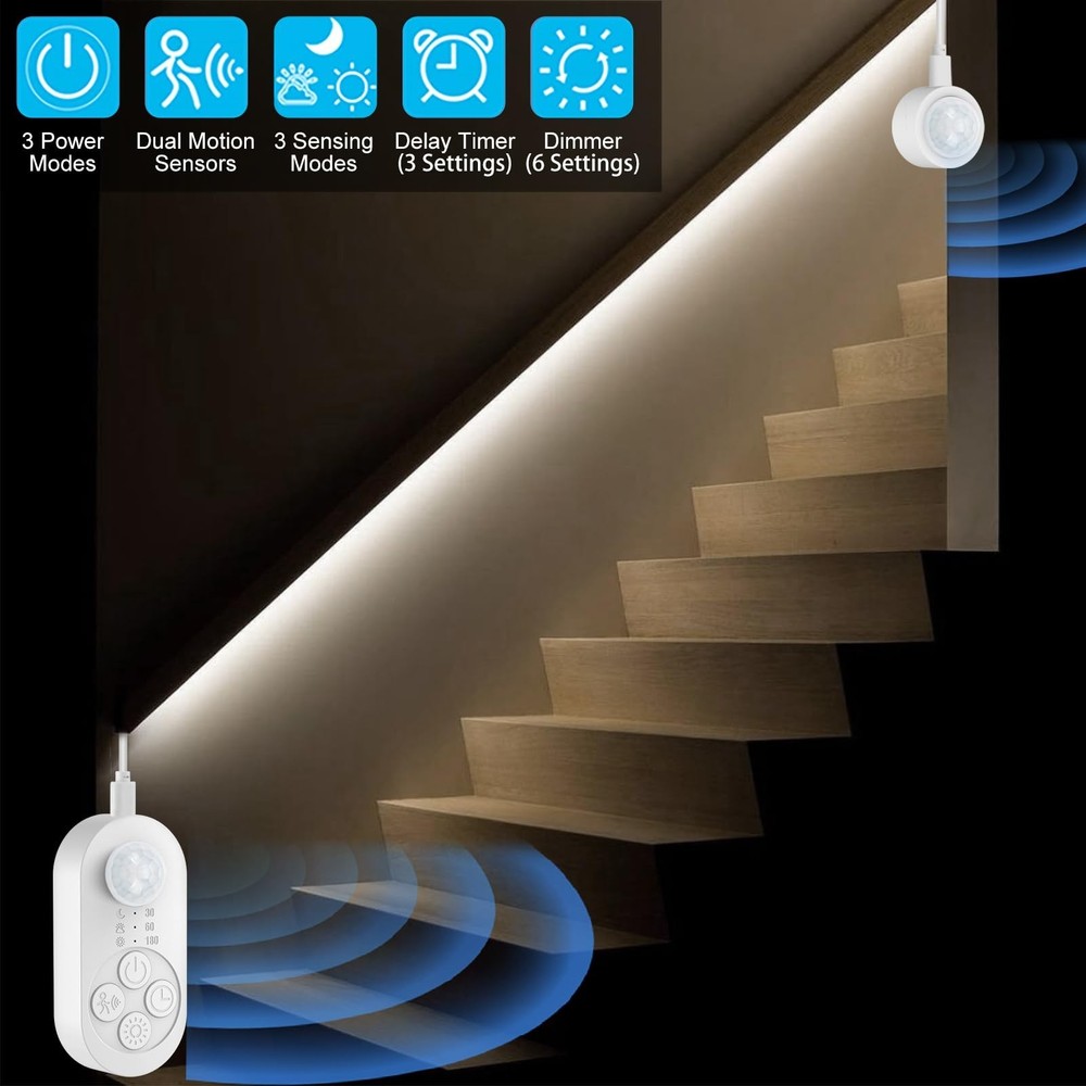 Dual Motion Sensor Light Indoor - Plug-in Motion Activated LED Stair Step wit...