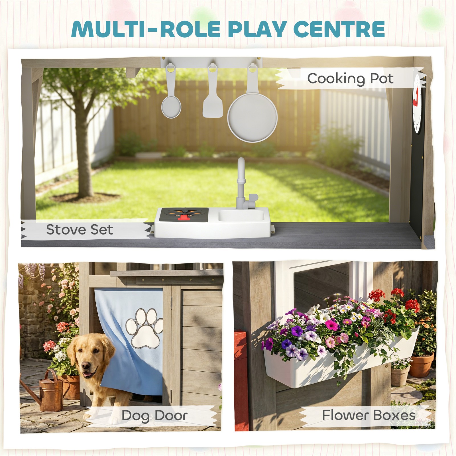 Qaba Outdoor Playhouse with Dog Door, Flower Box, Cookware for Backyard