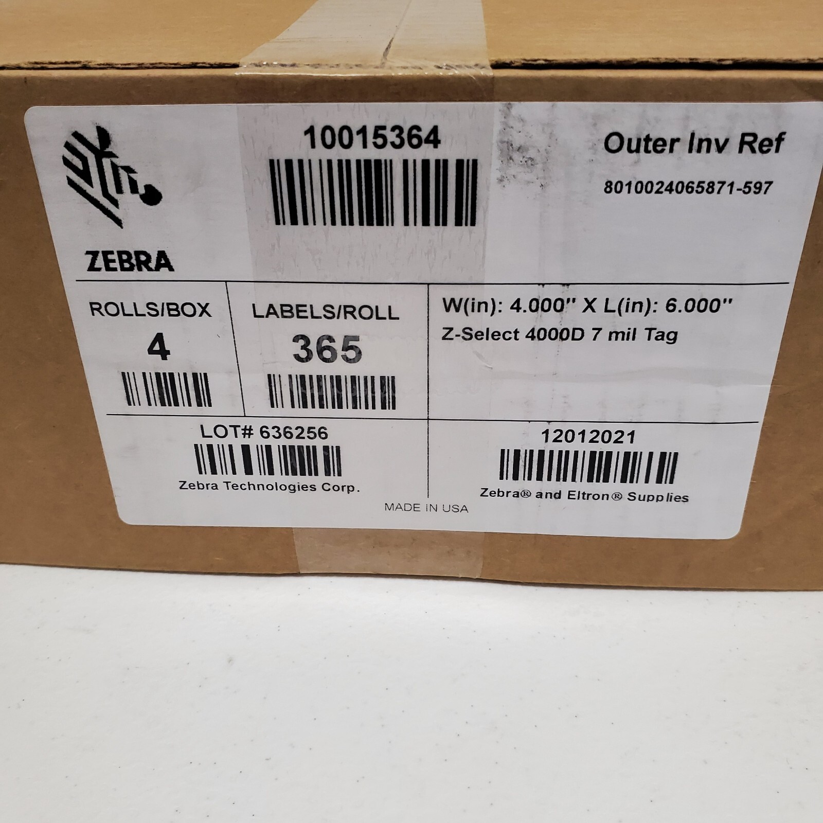 Zebra 4" x 6" Z-Select 4000D 7 mil Tag OEM Thermal Labels - 4 Rolls 10015364 NEW