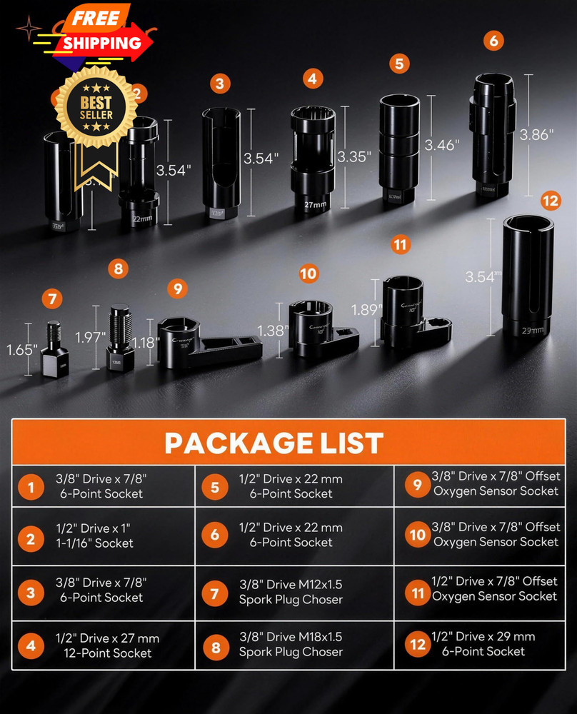 Crosstar 12Pcs Professional O2 Sensor Socket & Thread Chaser Set | Black