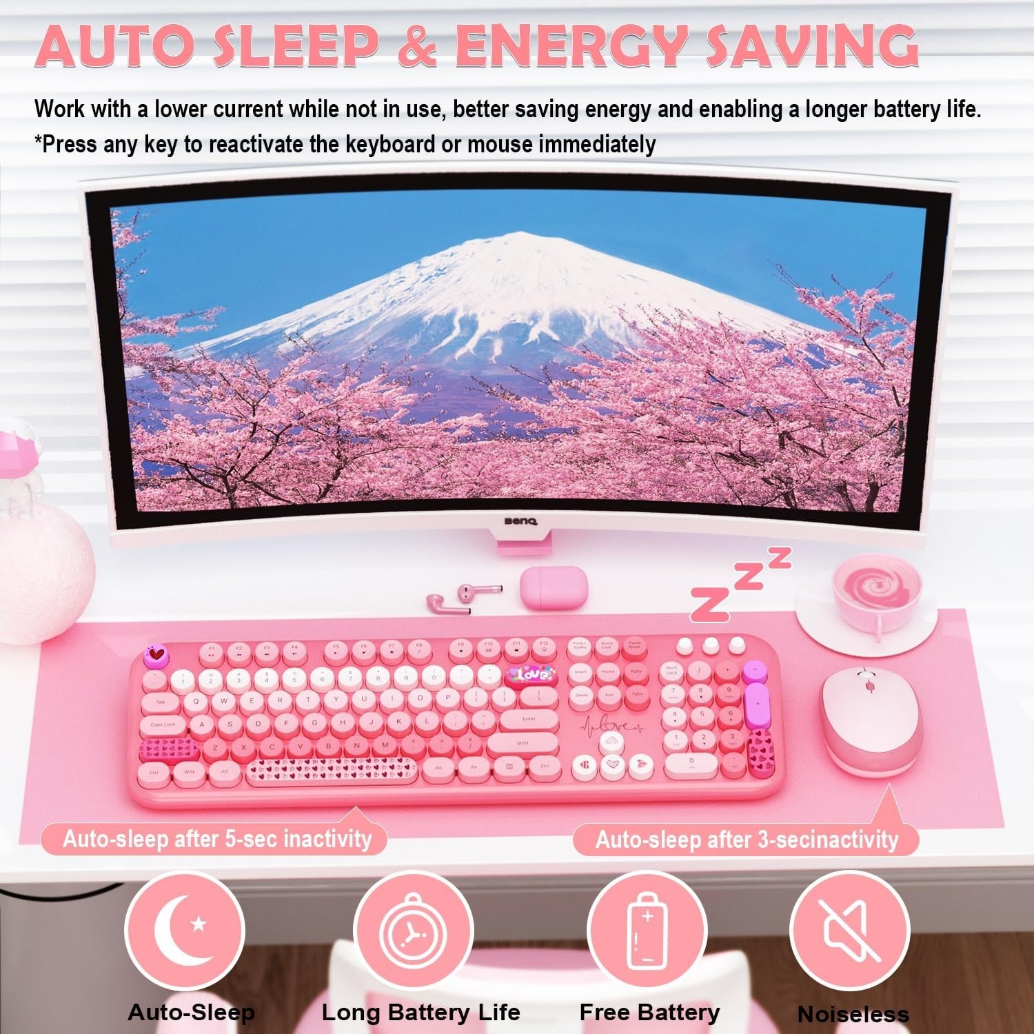 Pink Wireless Keyboard and Mouse,MOFII 104 Round Keys Lovely Full-Size