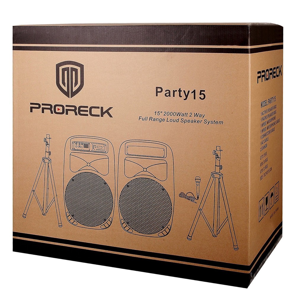 PRORECK 2000W 15" Powered DJ PA Speaker System Bluetooth/USB/SD/LED