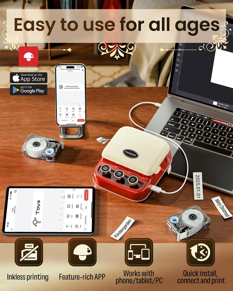 P15 Ribbon Label Printer, Custom Text/Icon Mini Bluetooth Portable Label Maker M