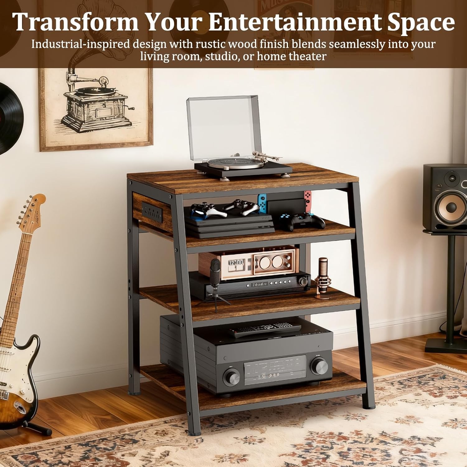 AV Media Stand Stereo Cabinet Audio Rack W/ Side Power Strip Shelves 4-Tier