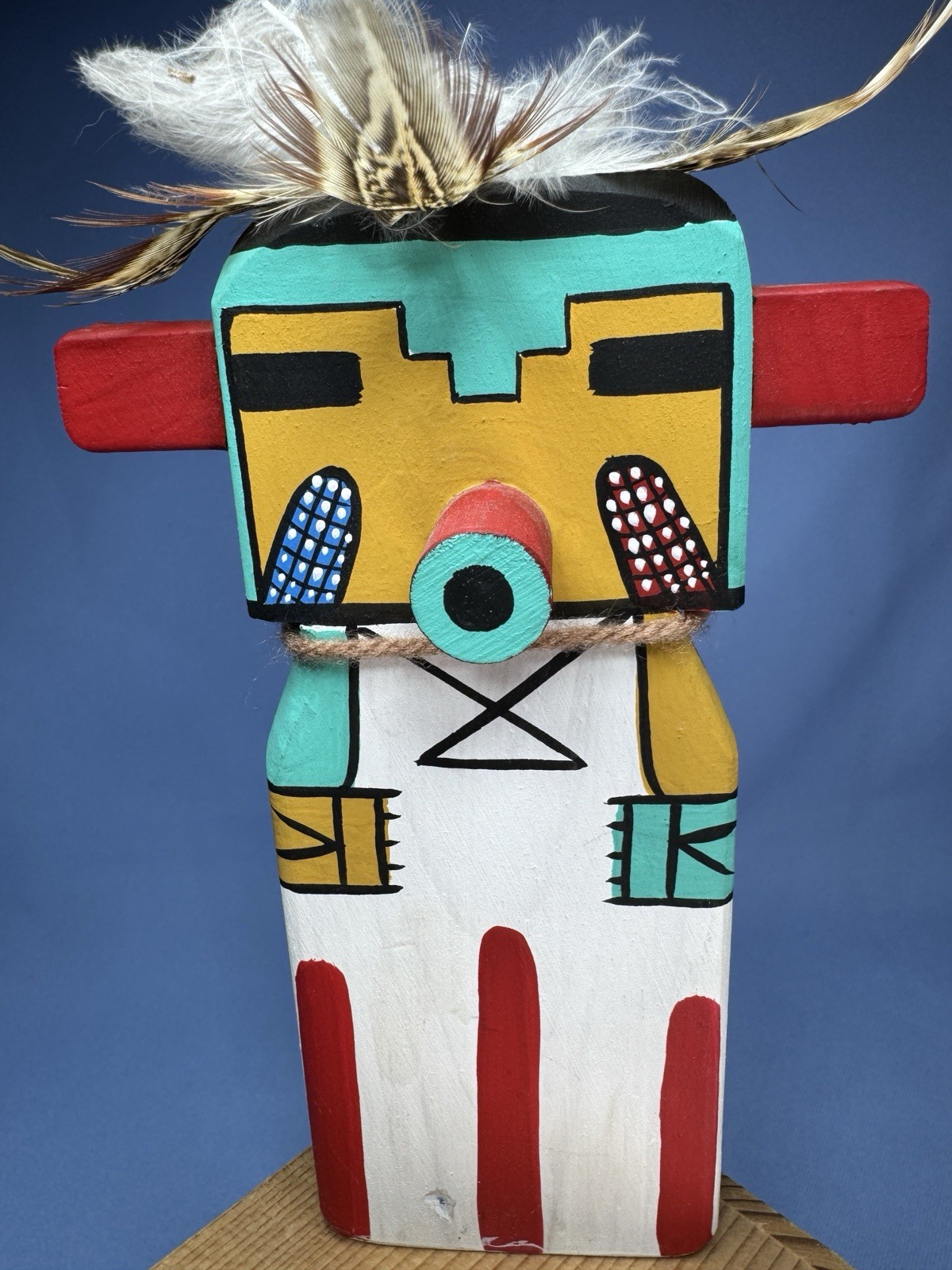 VTG Hopi Puchtihu Corn Kachina Flat Carved Wood With Feathers 7” Sign Puhuyesua