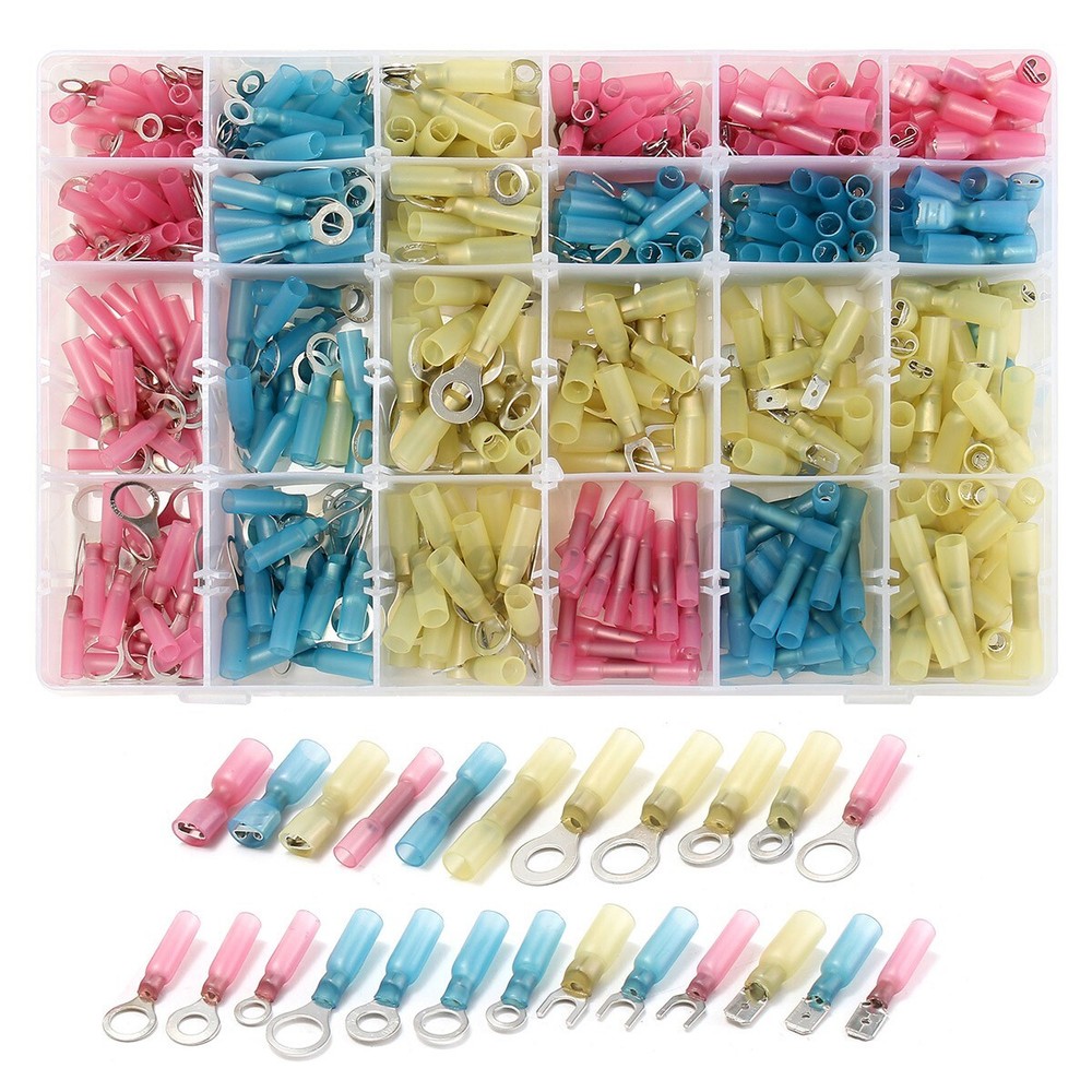 250Pc Heat Shrink Wire Connectors Electrical Ring Fork Spade Crimp Terminals Kit
