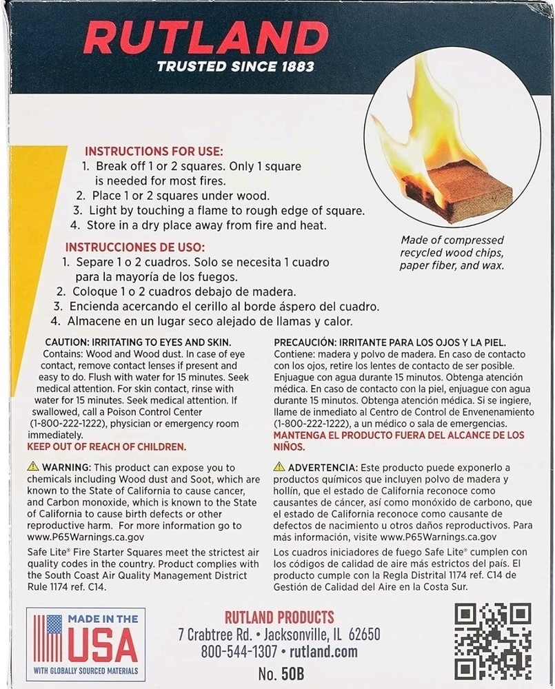 Rutland 50B Safe Lite Fire Starter Squares (144-Pack) Quick & Reliable Ignition