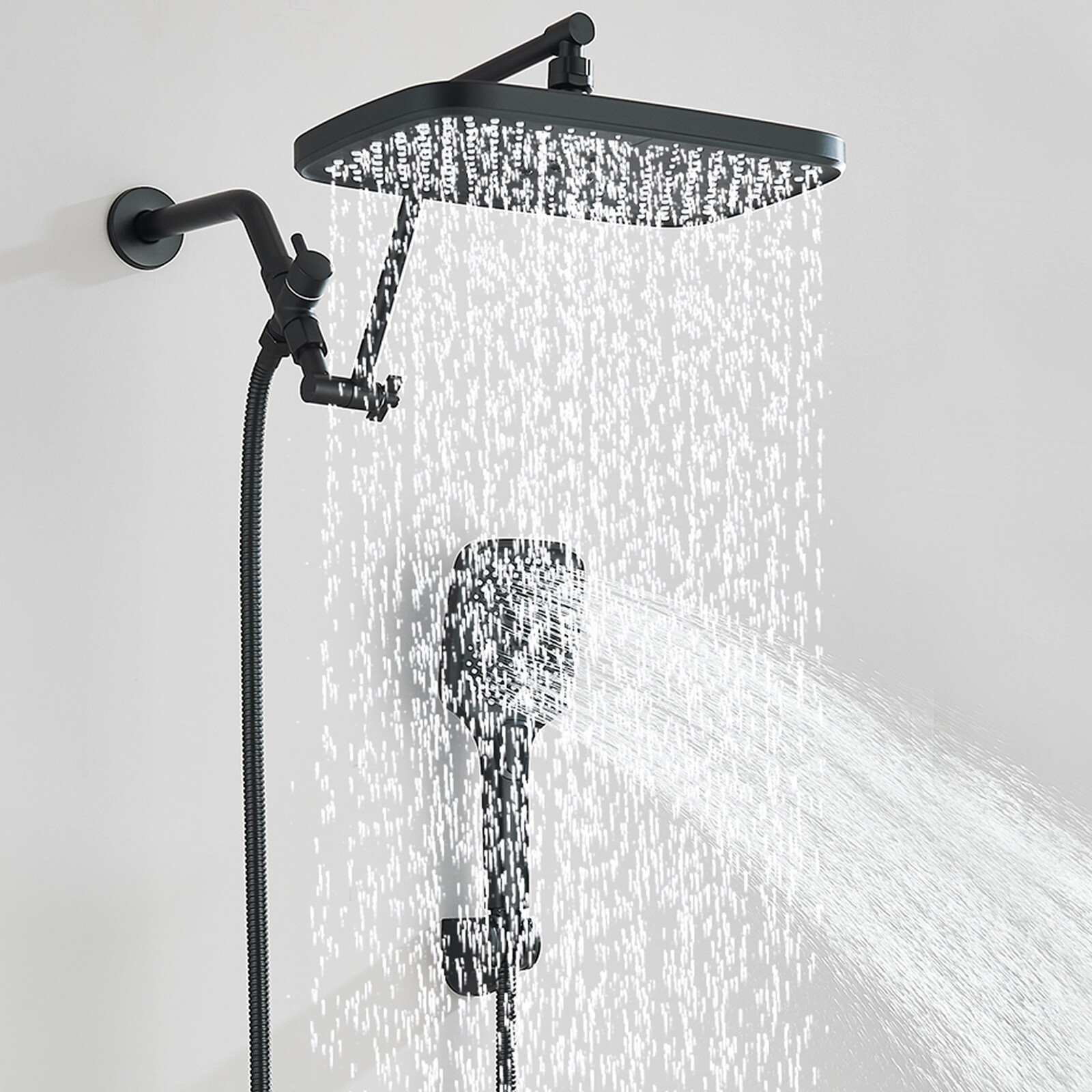 Black Rain Shower Head with Handheld Spray Set High Pressure 16" Adjustable Arm