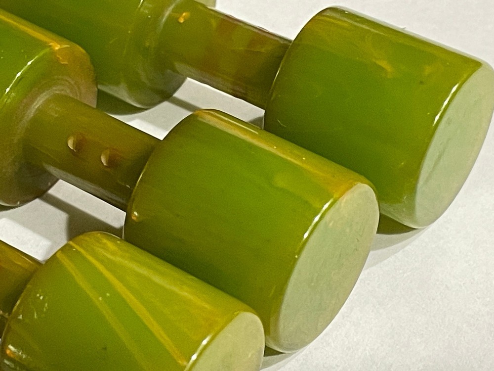 HUGE Bakelite Toggle Barbell Buttons (THREE). Marbled Green. 1940s
